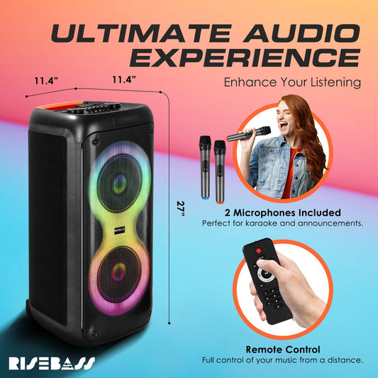 Portable Karaoke Machine with 2 Wireless Mics, Daul 8" Speakers, LED Lights, PA System, Remote, Bass/Treble Adjustment, SD Card/USB, REC Rolling Wheels and Trolley, Auto ducking Function.